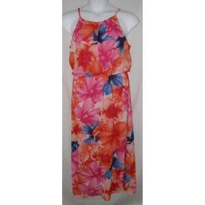 Bright Colorful Floral Sz Large Sleeveless Lined Blouson Maxi Sun Dress TACERA
